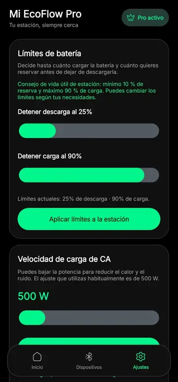 Pantalla real de ajustes de Mi EcoFlow Pro con límites de batería y velocidad de carga de CA